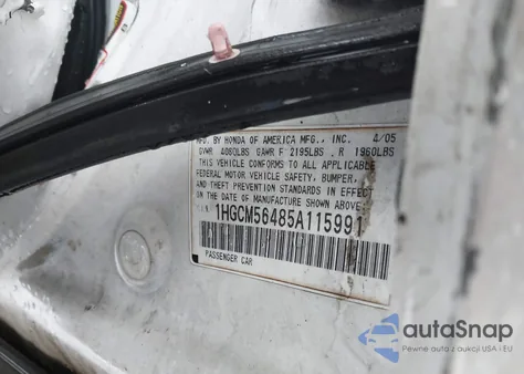 2005 Honda Accord 2.4 Lx from USA, damaged, VIN 1HGCM56485A115991